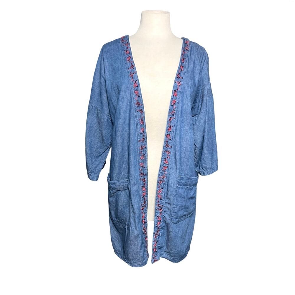 BAN JARA Women’s Boho Open Front Chambray Embroidered Kimono Duster